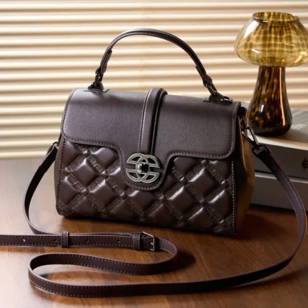 Small coffee leather satchel purse, compact handbag with adjustable strap for daily wear