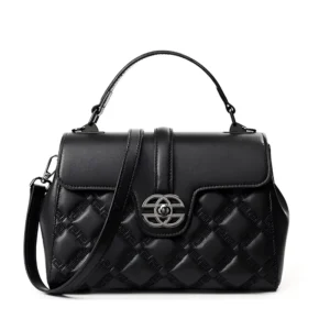 Black leather satchel bag with elegant quilted detailing and a signature clasp closure