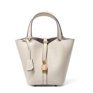 White luxury leather bucket tote bag in pebbled calfskin with gold buckle – women’s designer handbag