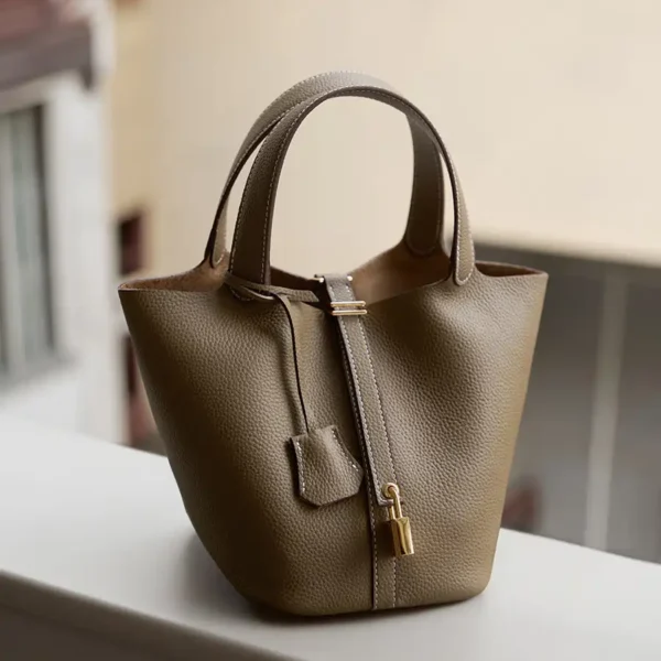 Dark gray calfskin leather bucket tote – women’s luxury tote bag with gold buckle accent