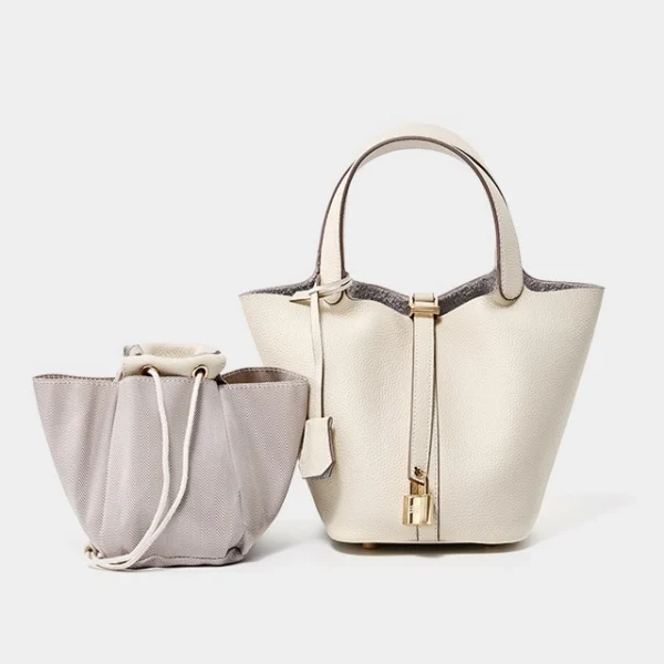 Beige bucket tote bag with removable herringbone canvas pouch