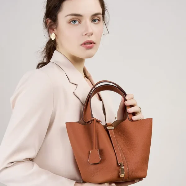 Luxury leather tote bag for women – premium calfskin bucket bag with removable pouch