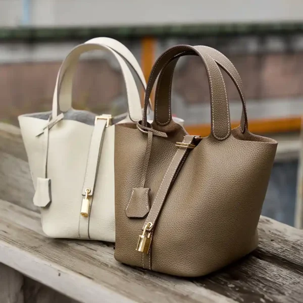 Two-tone white and light gray luxury leather bucket tote – calfskin handbag with silver buckle
