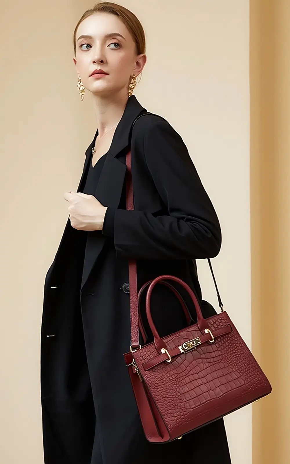 Modern premium structured satchel handbag in croc-embossed calfskin