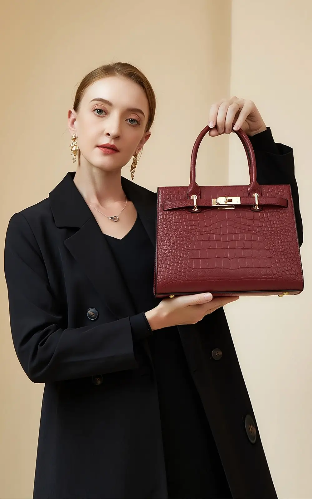 Wine red structured top-handle satchel handbag for women