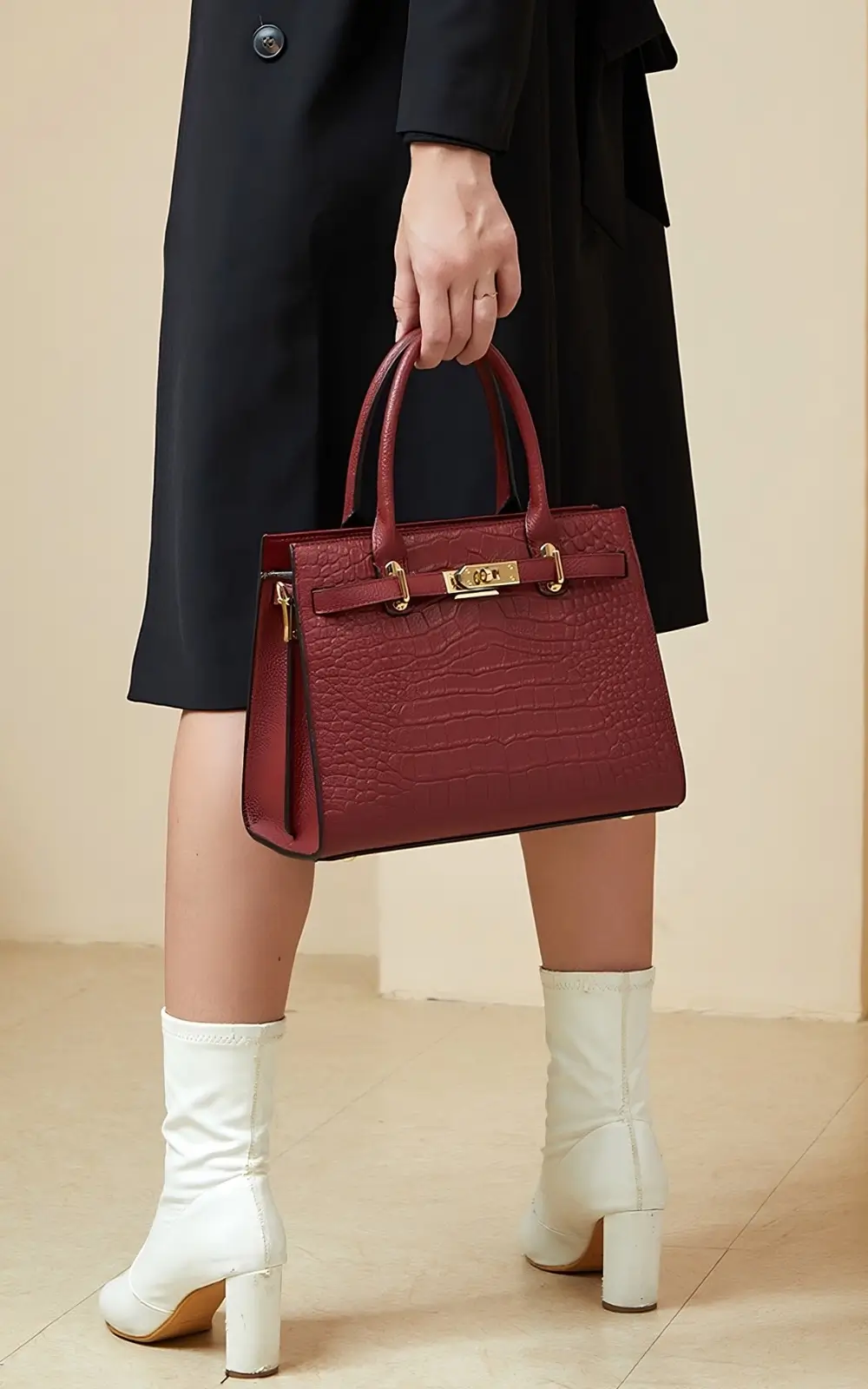 Premium red structured top-handle handbag with gold accents