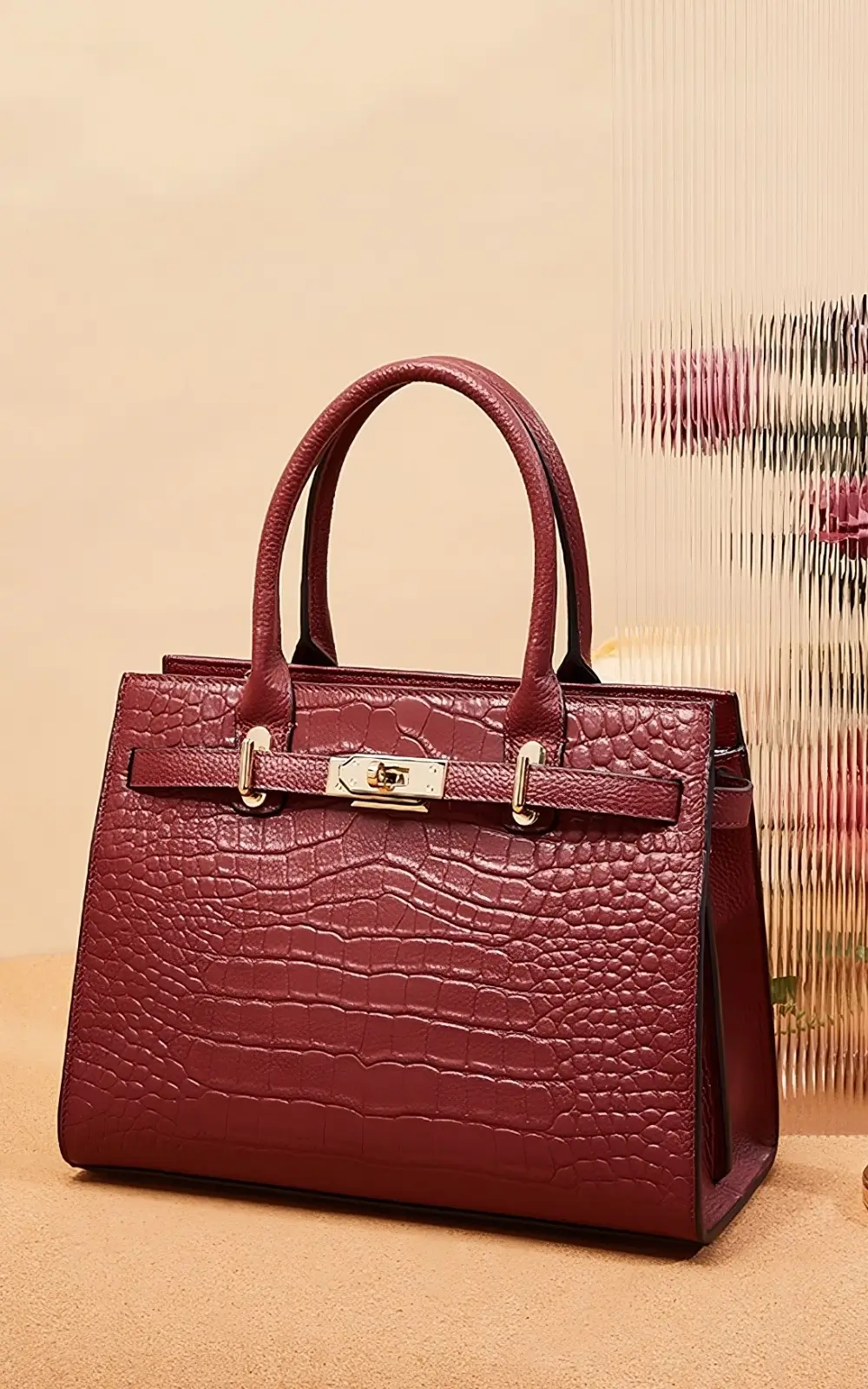 Red croc-embossed structured satchel bag for women