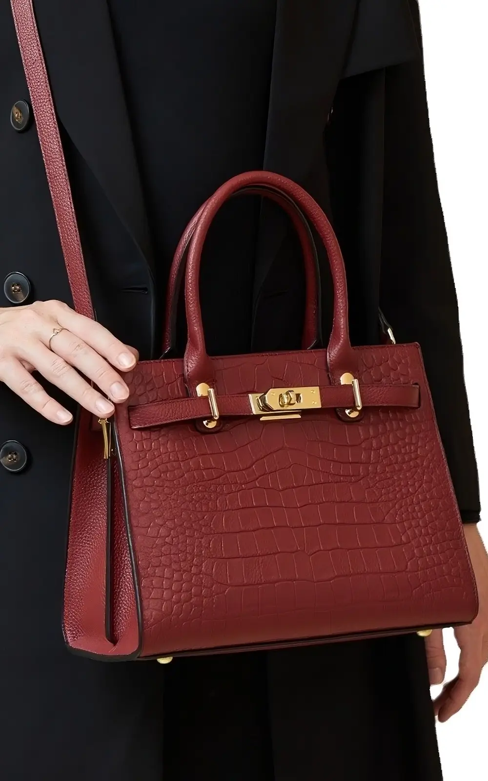 Wine red structured top-handle handbag with turn-lock closure