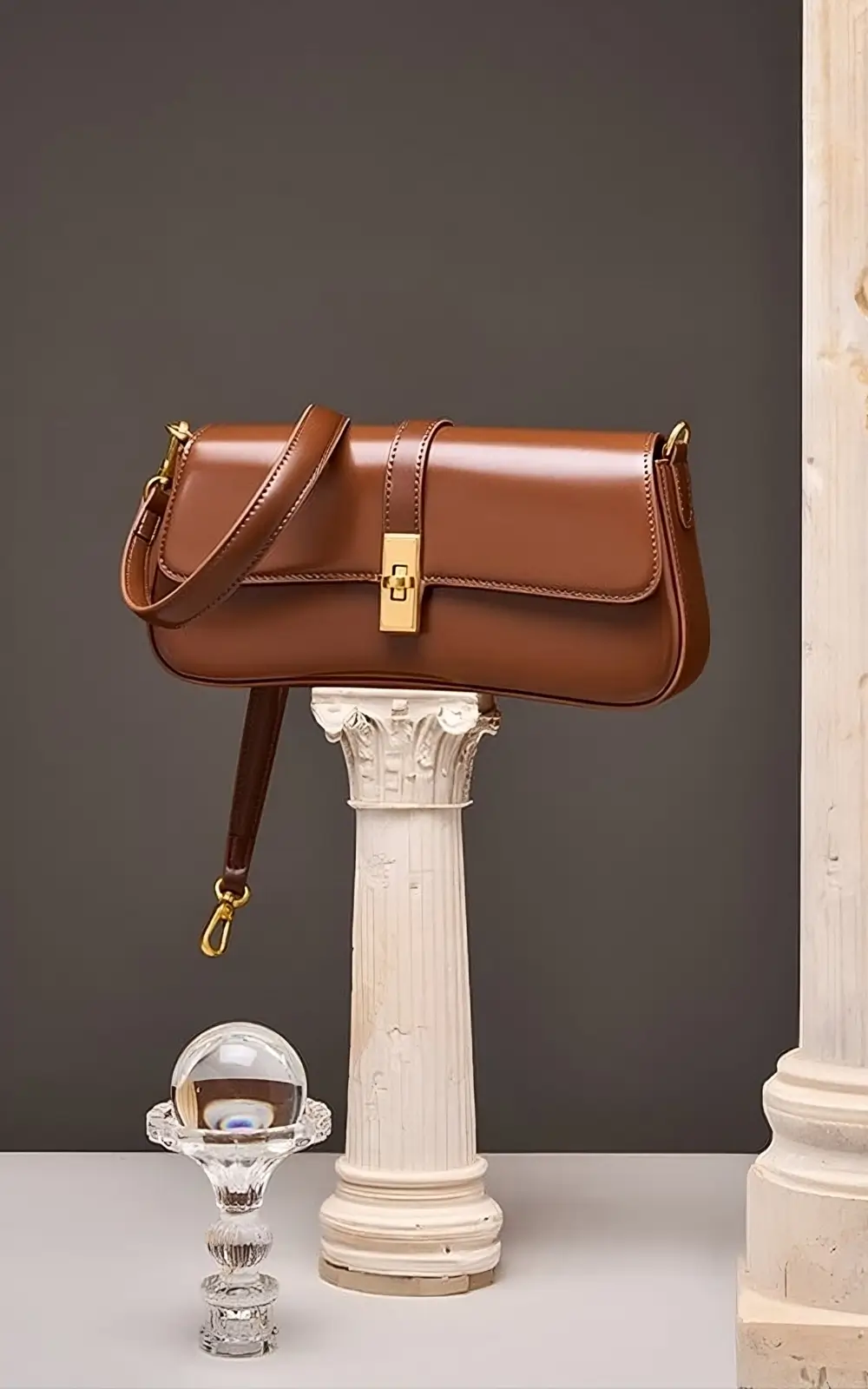 Interior view of brown Marisse Baguette Bag, displaying spacious compartment