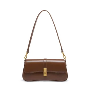 Marisse Baguette Bag in smooth calfskin leather, front view with flap closed and brushed gold-tone clasp, elegant and minimal premium design