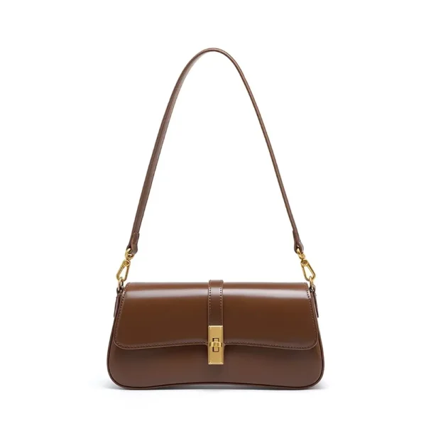 Marisse Baguette Bag in smooth calfskin leather, front view with flap closed and brushed gold-tone clasp, elegant and minimal premium design