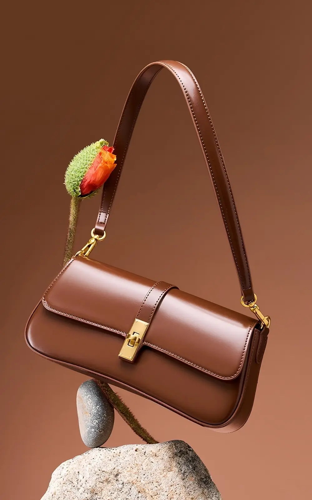 Brown Marisse Baguette Bag styled as a shoulder bag over casual outfit for versatile premium look