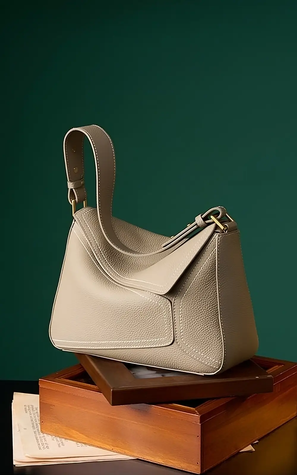 Side angle of Hoclin structured hobo handbag showing asymmetrical flap design