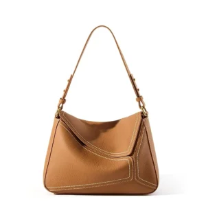Premium Hoclin Serena Structured Hobo Bag in Italian pebbled calfskin leather, camel brown with contrast stitching and adjustable shoulder strap