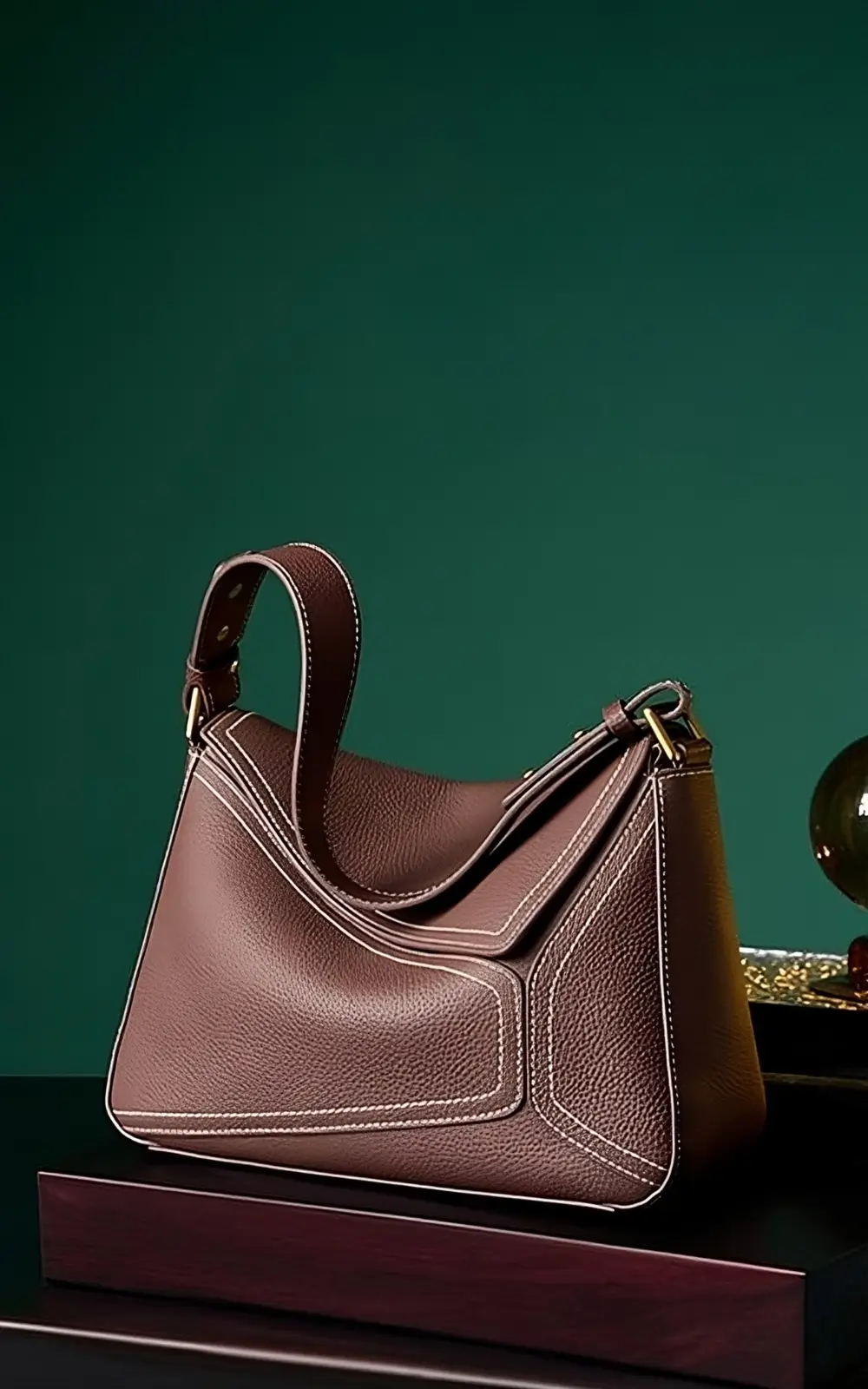 Contrast stitching detail on structured calfskin leather Hoclin Serena Bag