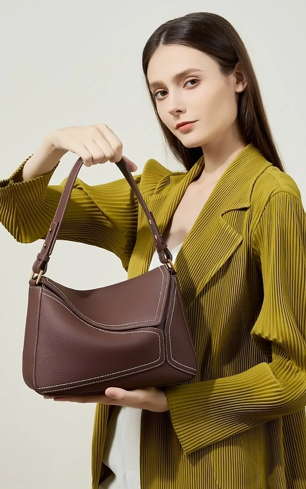 Top view of Hoclin Serena Hobo Bag with adjustable shoulder strap and gold-tone hardware
