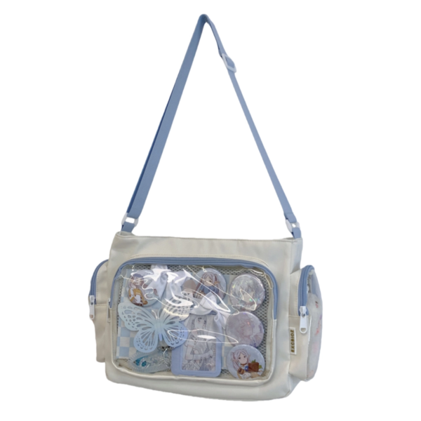 White ita messenger bag with clear front pin display pocket and adjustable shoulder strap