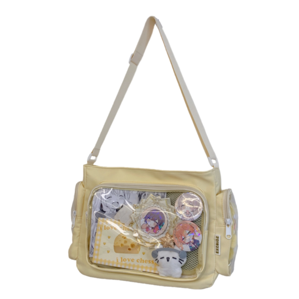 Yellow soft aesthetic ita messenger bag with anime badge and photo card display