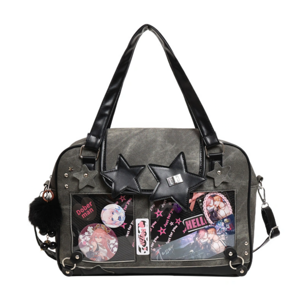 Black Denim Ita Bag with Cat Face and Star Studs | Hoclin
