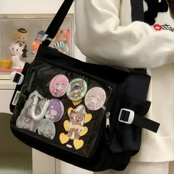 Black ita bag worn crossbody filled with anime badges and plush keychains