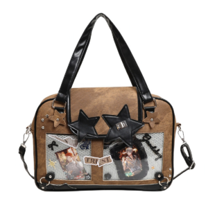 Brown Denim Ita Bag with Cat Head and Star Studs | Hoclin