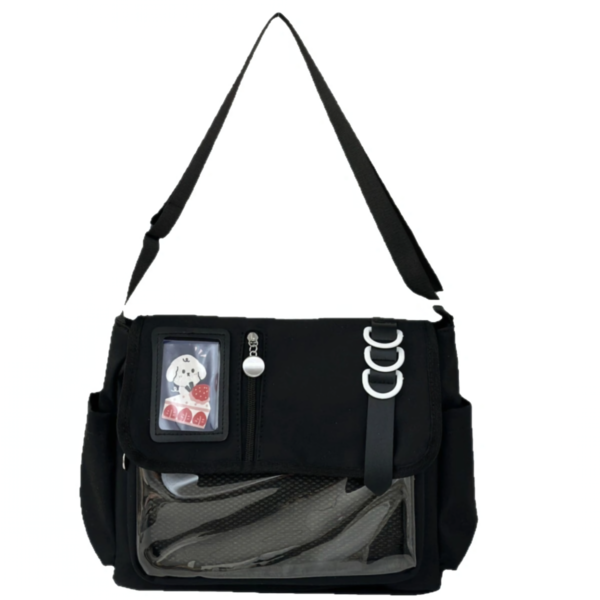 CCC black nylon messenger ita bag standing upright with dual clear front windows and raised CCC embroidery on the side