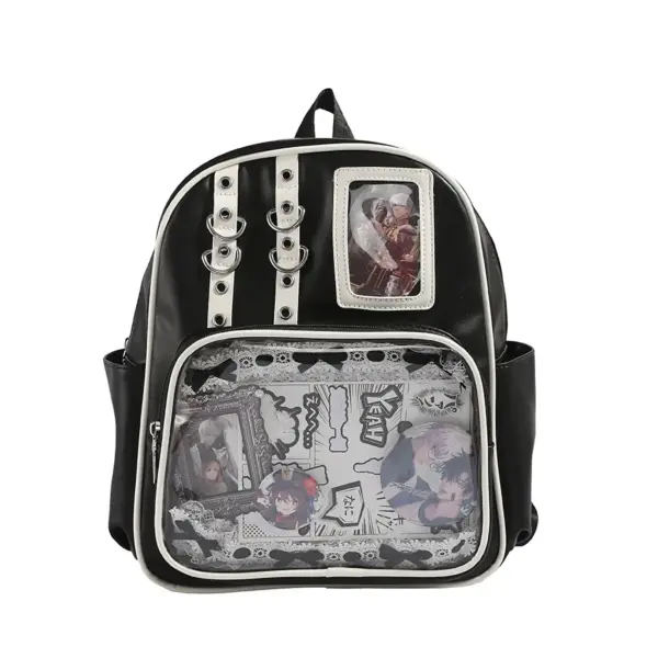 Clear window ita backpack for pins and plush, white color variant, transparent front pocket showing colorful enamel pin display