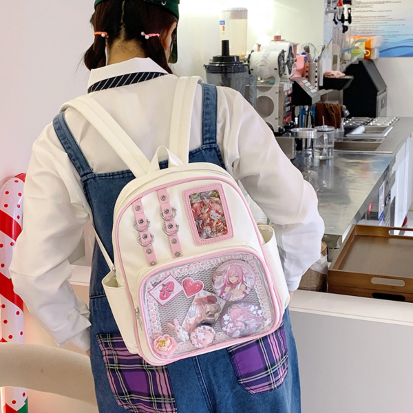 Variety of color variants: black, white, purple, silver, blue clear window ita backpacks
