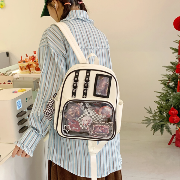 Close-up of clear window ita backpack showing pin collection and foam insert