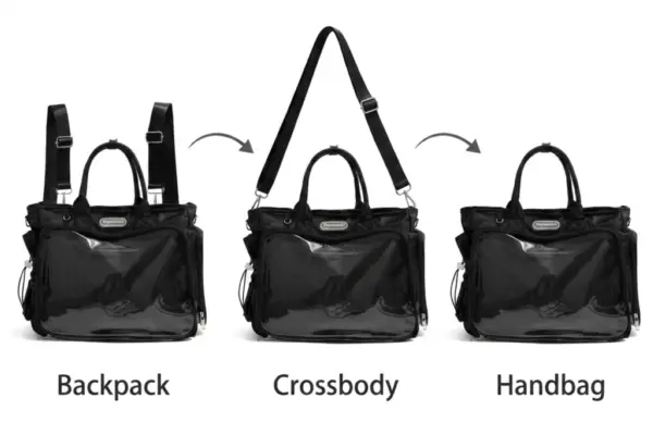 Convertible ita bag standing upright showing backpack straps and side transparent pocket