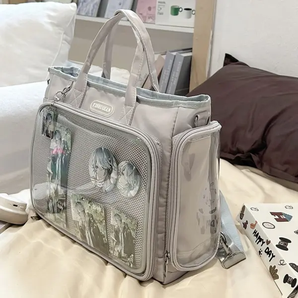 Close-up of metal hardware and reinforced stitching on ita bag strap