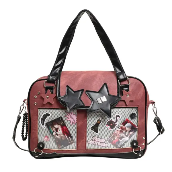 Pink Denim Ita Bag with Cat Face and Star Studs | Hoclin