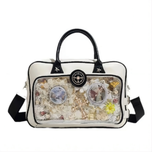 White Ita Bag Front View with Enamel Pins | Hoclin