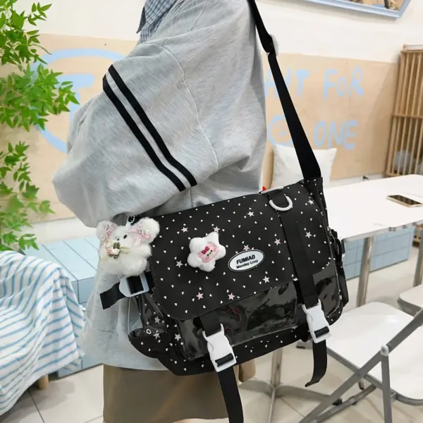 harajuku style ita bag worn on person with pin display