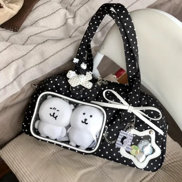 black ita bag with white plush