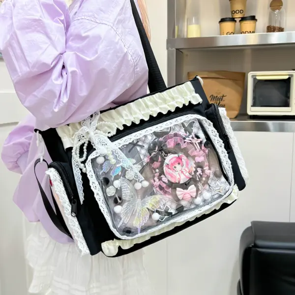 Black Ita Bag with Colorful Pin Display Black Ita Bag with Colorful Pin Display