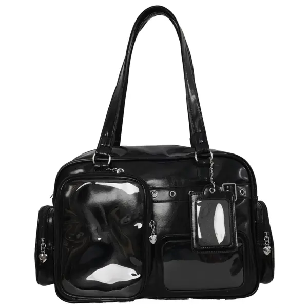 Black rectangular ita bag with large clear front window and adjustable shoulder strap, shown against white background