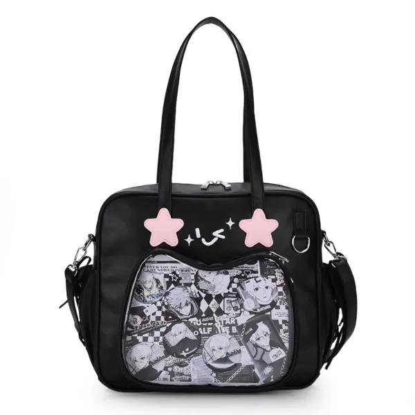 Black Rectangular Ita Bag – Star Patches and Clear Window Black Rectangular Ita Bag – Star Patches and Clear Window