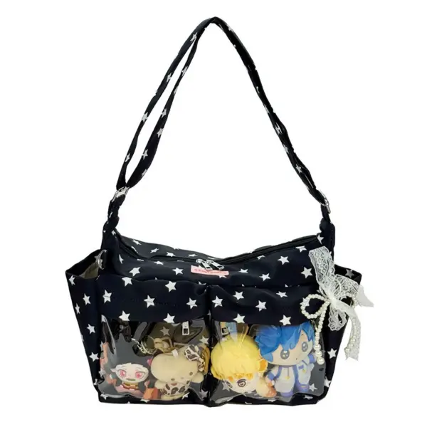 Black ita bag with star pattern and clear front window displaying anime plush dolls