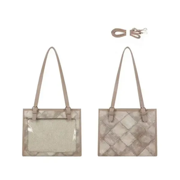 Brown diamond quilted ita bag with clear vinyl window and dual top handles on white background