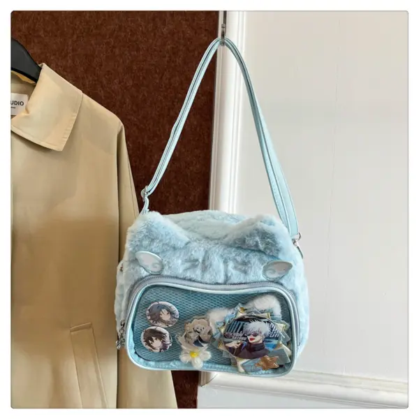 Plush cat ear ita bag with clear window and anime pins
