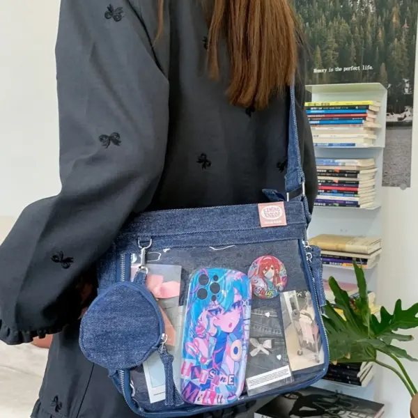 Denim Ita Bag Filled with Pins and Plush Denim Ita Bag Filled with Pins and Plush