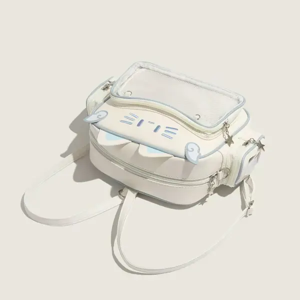 Angled view of white cat ear ita bag showing side pocket and back zipper