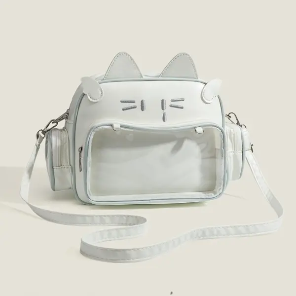 White cat ear ita bag displaying enamel pins through clear PVC window