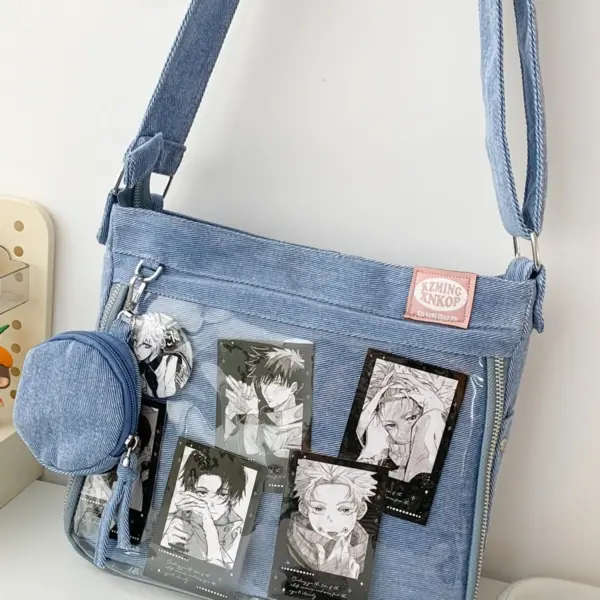 close-up of denim ita bag showing clear window and contrast stitching