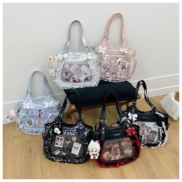 Group of ita bags in multiple colors showing different lace trims