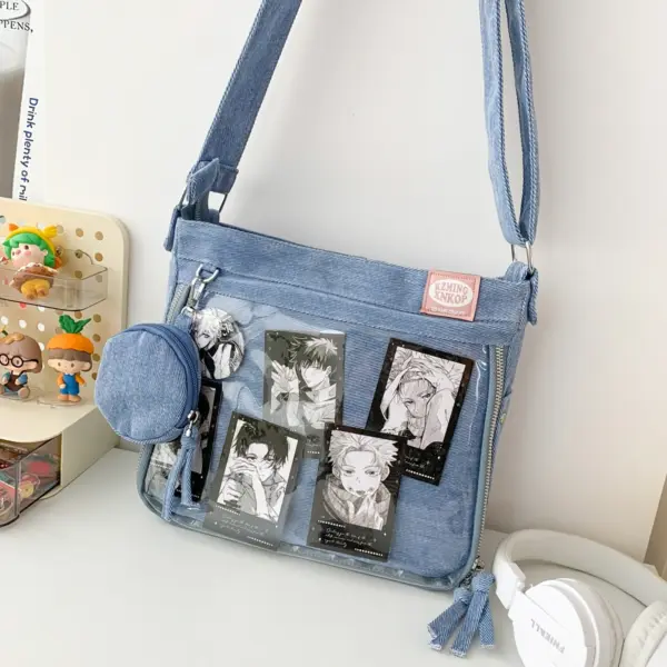 front view of light blue denim shoulder ita bag with clear window and detachable coin purse