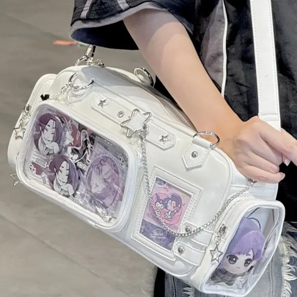 close-up of white ita bag showing sectioned display window with anime portrait cards