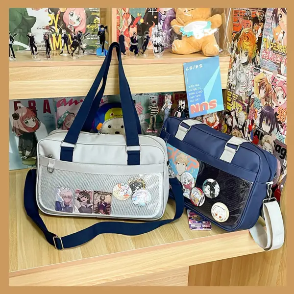 side by side comparison of gray and blue bag versions