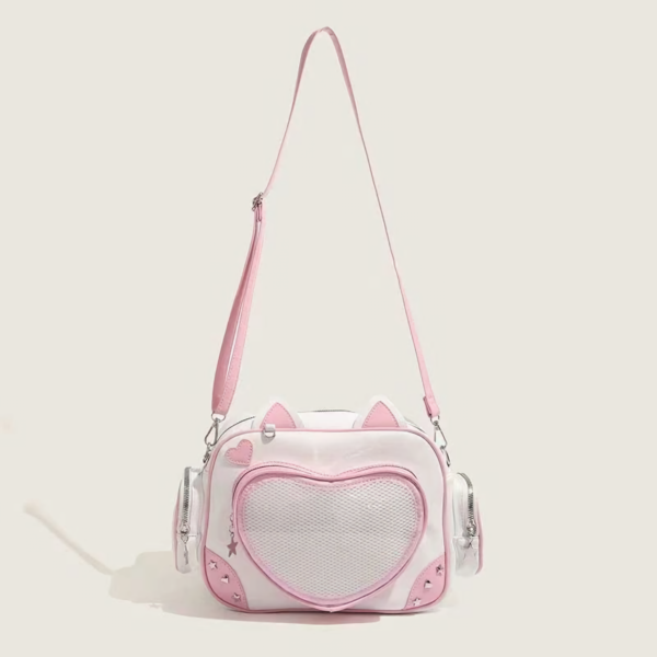 front view of heart shaped ita bag with cat ears